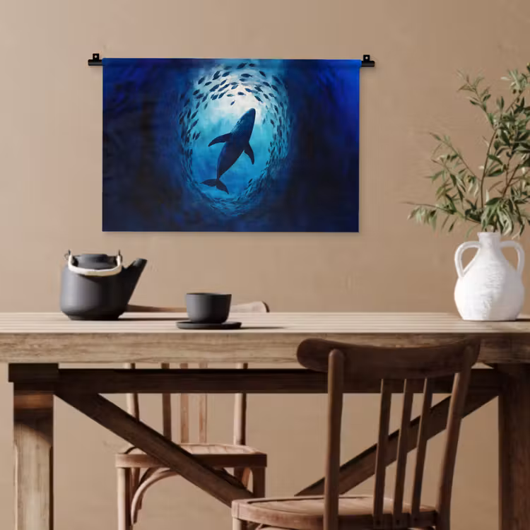 Walvis - Vissen - Donkerblauw Wandkleed katoen klein -sfeer6