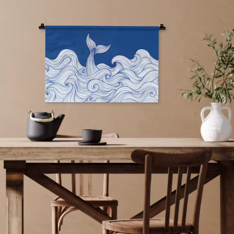 Walvis - Staart - Golven - Lijntekening - Blauw Wandkleed katoen klein -sfeer6