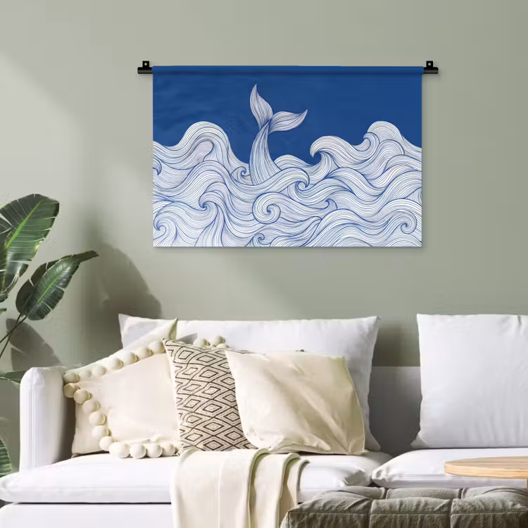 Walvis - Staart - Golven - Lijntekening - Blauw Wandkleed katoen klein -sfeer7
