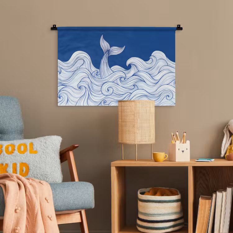 Walvis - Staart - Golven - Lijntekening - Blauw Wandkleed katoen klein -wsfeer4_kind