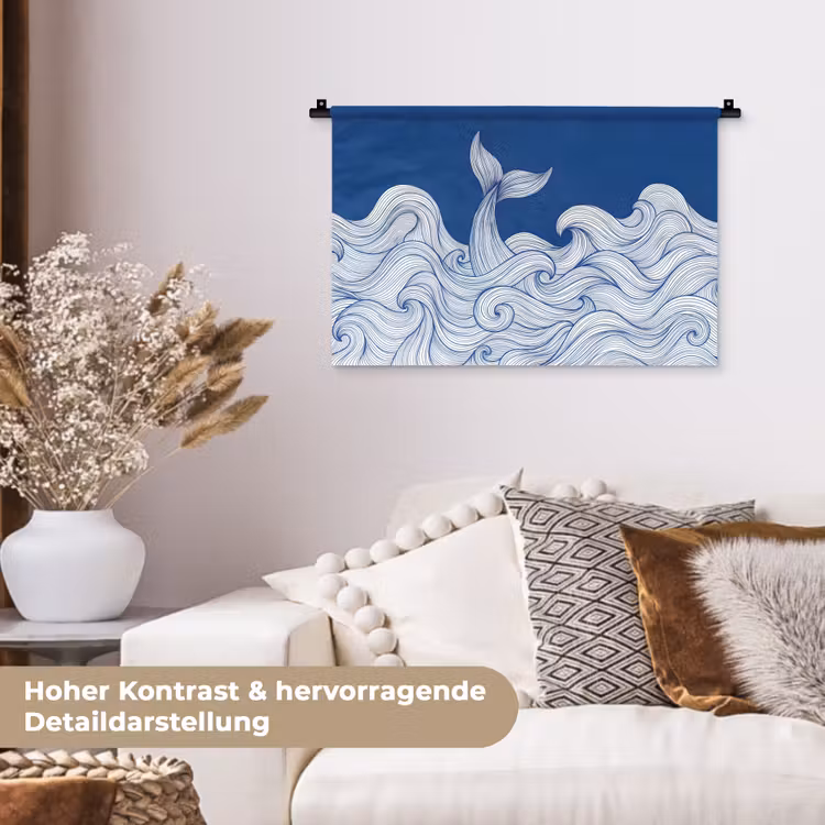Walvis - Staart - Golven - Lijntekening - Blauw Wandkleed katoen klein -tsfeer1_DE