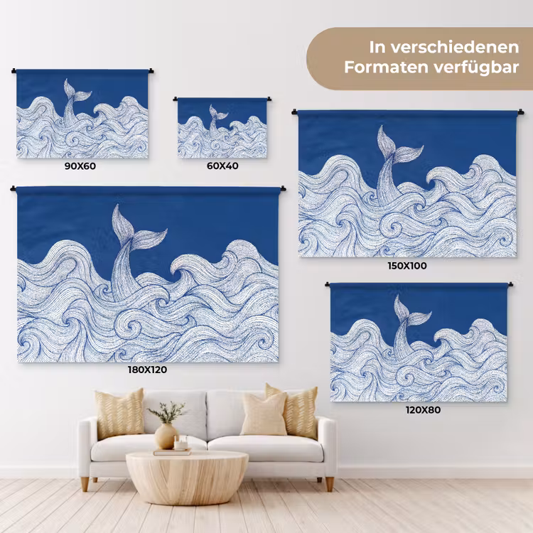 Walvis - Staart - Golven - Lijntekening - Blauw Wandkleed katoen klein -tsfeer8_DE