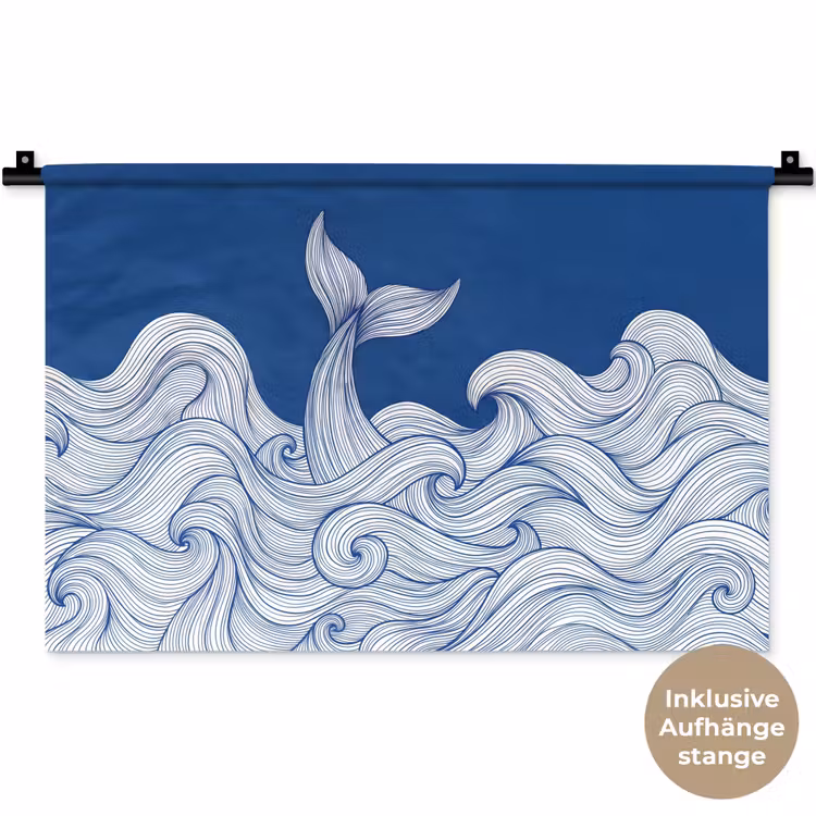 Walvis - Staart - Golven - Lijntekening - Blauw Wandkleed katoen klein -t3d_DE