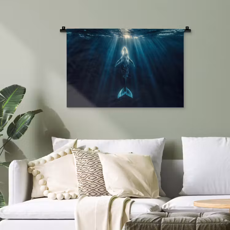 Walvis - Water - Zonnestralen - Blauw Wandkleed katoen klein -sfeer7