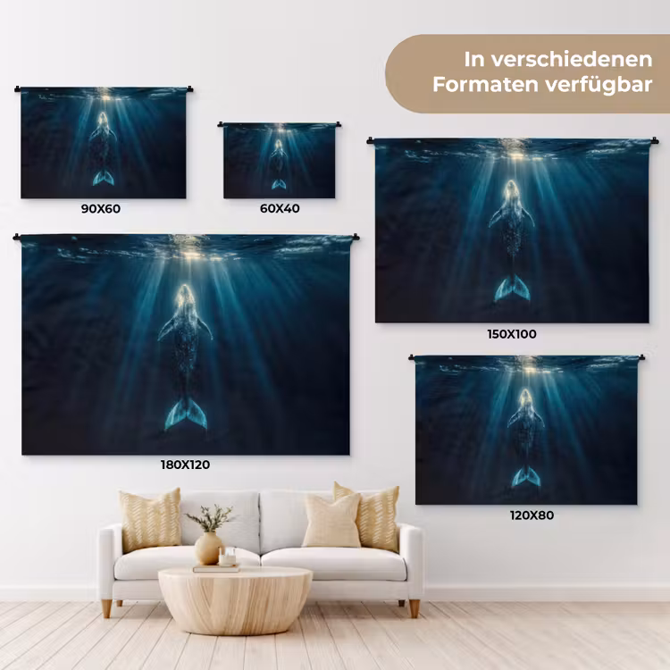 Walvis - Water - Zonnestralen - Blauw Wandkleed katoen klein -tsfeer8_DE