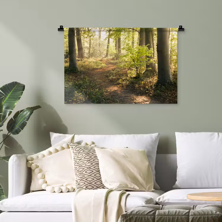 Bos - Bomen - Pad - Zon - Planten - Bladeren - Natuur Wandkleed katoen klein -sfeer7