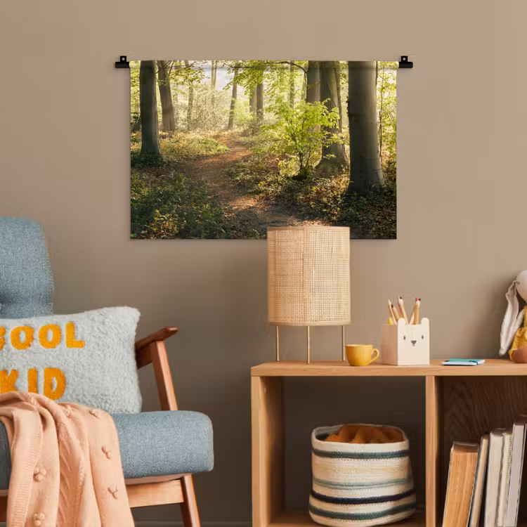 Bos - Bomen - Pad - Zon - Planten - Bladeren - Natuur Wandkleed katoen klein -wsfeer4_kind