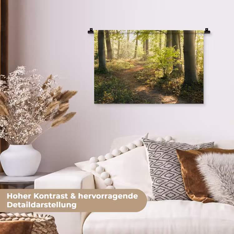Bos - Bomen - Pad - Zon - Planten - Bladeren - Natuur Wandkleed katoen klein -tsfeer1_DE
