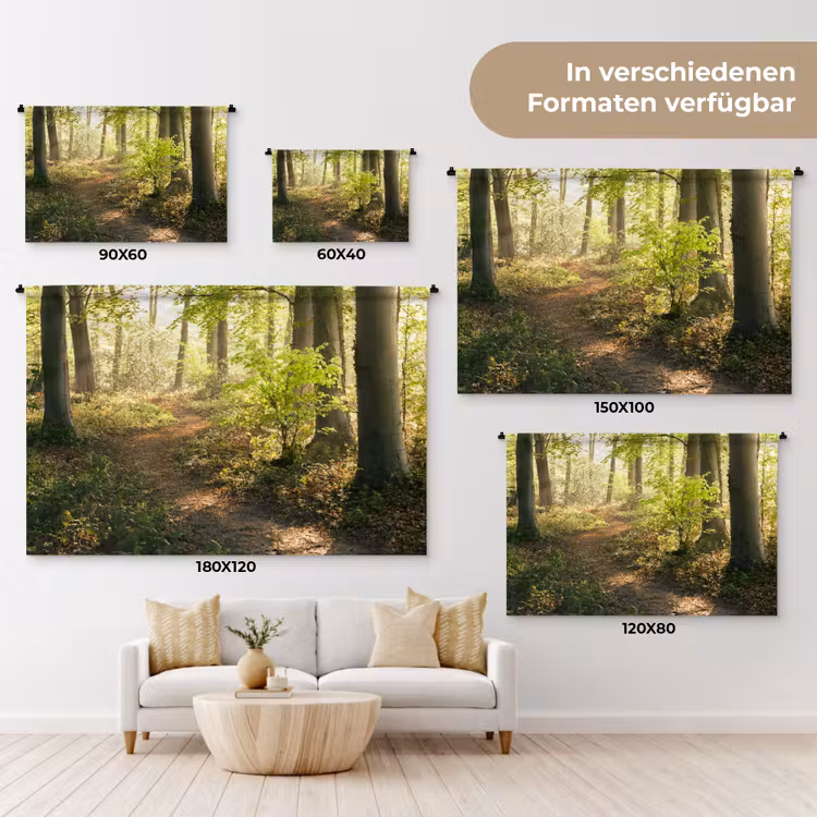 Bos - Bomen - Pad - Zon - Planten - Bladeren - Natuur Wandkleed katoen klein -tsfeer8_DE