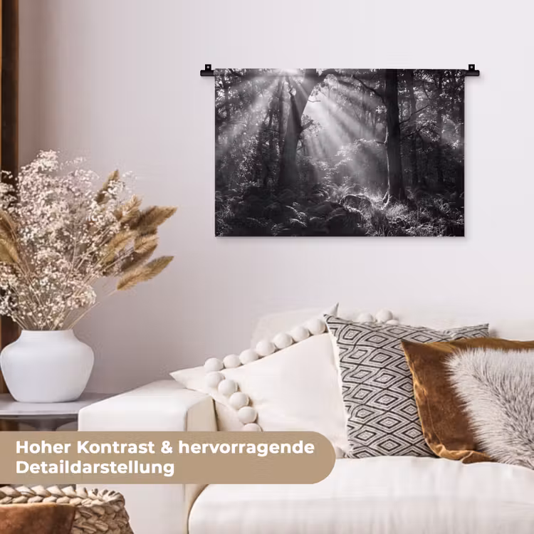 Bos - Lichtstralen - Natuur - Zwart-wit Wandkleed katoen klein -tsfeer1_DE