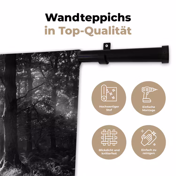 Bos - Lichtstralen - Natuur - Zwart-wit Wandkleed katoen klein -tsfeer2_DE