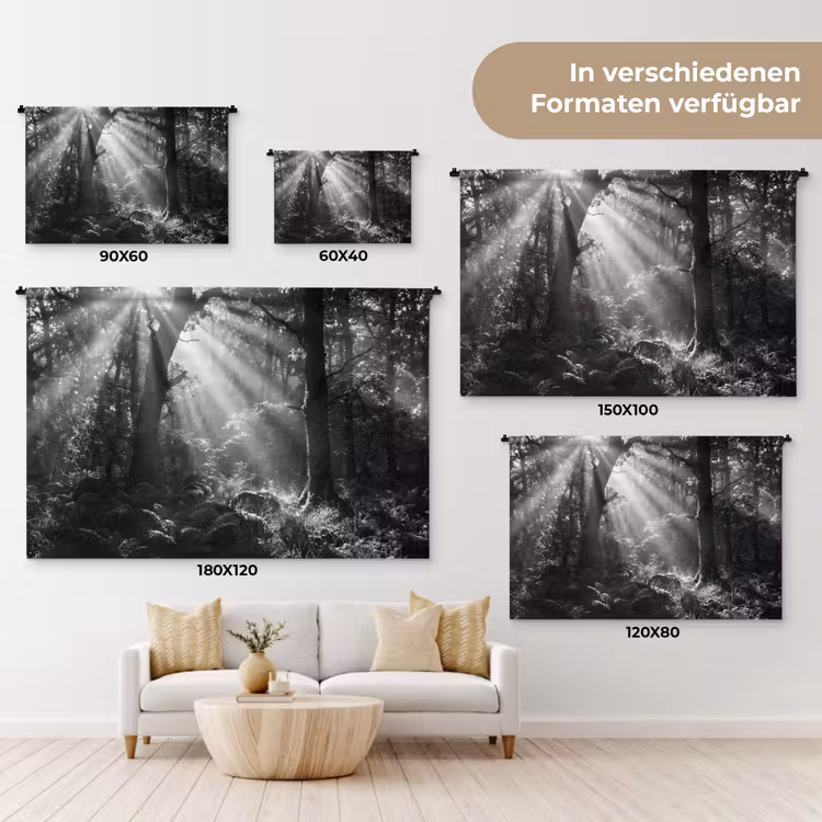 Bos - Lichtstralen - Natuur - Zwart-wit Wandkleed katoen klein -tsfeer8_DE