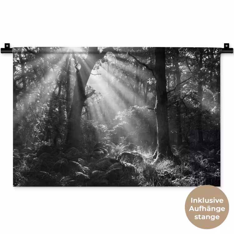 Bos - Lichtstralen - Natuur - Zwart-wit Wandkleed katoen klein -t3d_DE