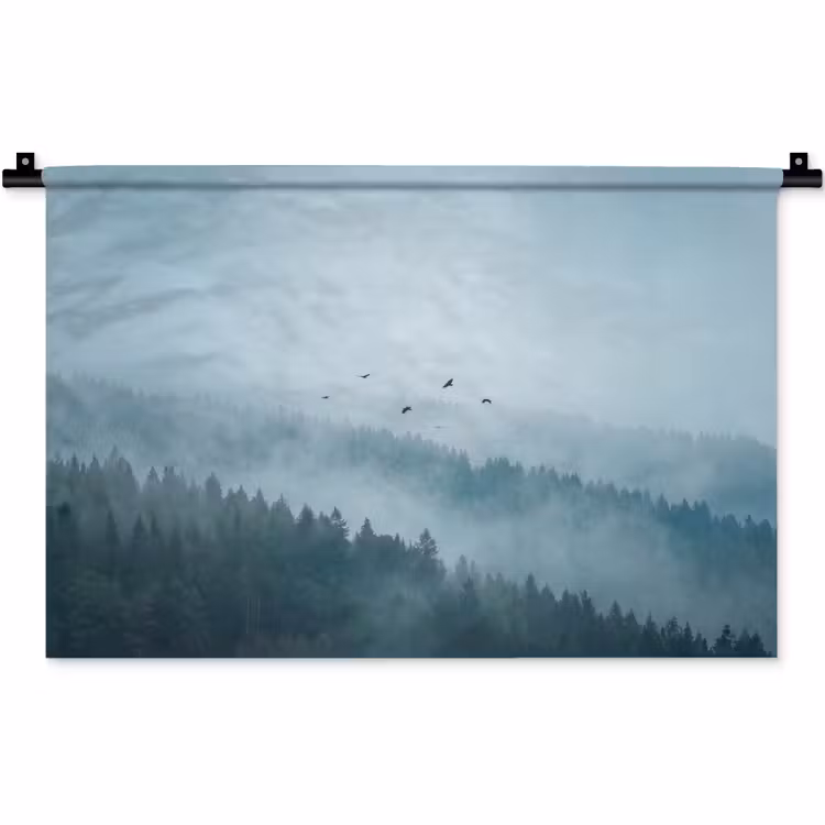 Bos - Mist - Vogels - Natuur - Groen Wandkleed katoen klein -zz3d