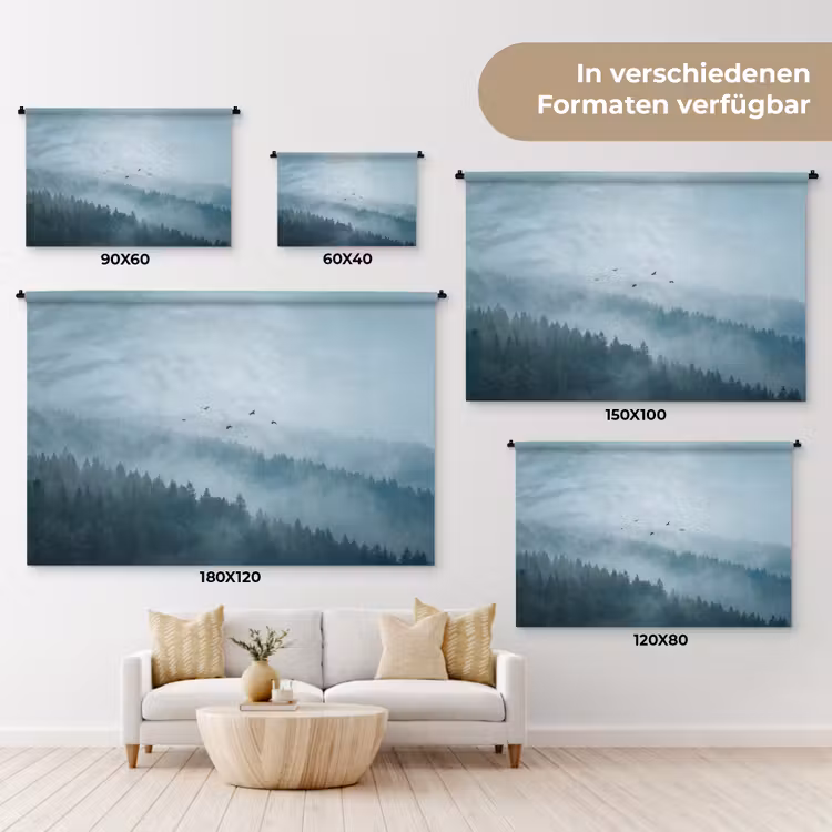 Bos - Mist - Vogels - Natuur - Groen Wandkleed katoen klein -tsfeer8_DE