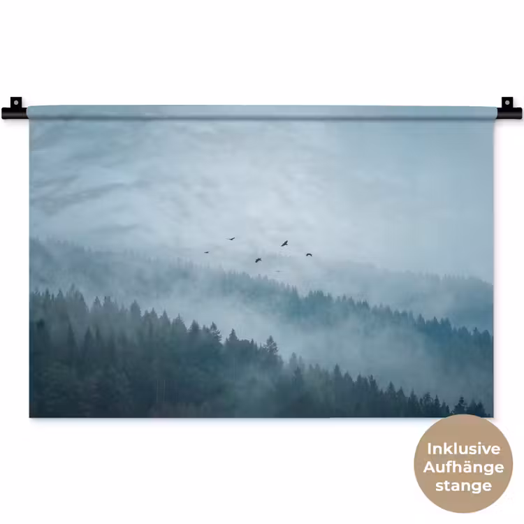 Bos - Mist - Vogels - Natuur - Groen Wandkleed katoen klein -t3d_DE