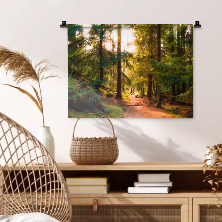 Bos - Pad - Bomen - Groen - Zon - Natuur Wandkleed katoen klein -sfeer5