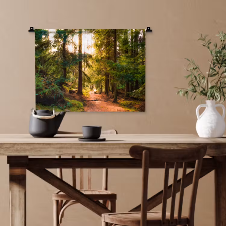 Bos - Pad - Bomen - Groen - Zon - Natuur Wandkleed katoen klein -sfeer6
