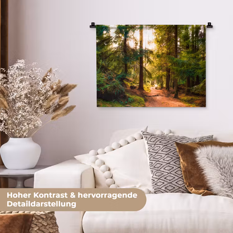 Bos - Pad - Bomen - Groen - Zon - Natuur Wandkleed katoen klein -tsfeer1_DE
