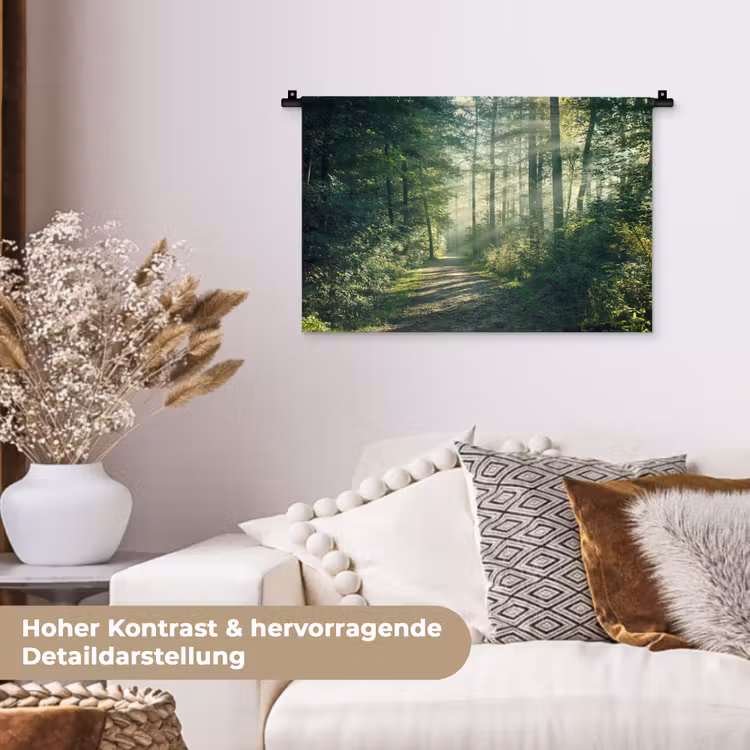 Bos - Pad - Zon - Bomen - Groen - Natuur Wandkleed katoen klein -tsfeer1_DE