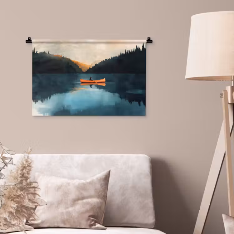 Bossen - Meer - Kano - Oranje Wandkleed katoen klein -sfeer4