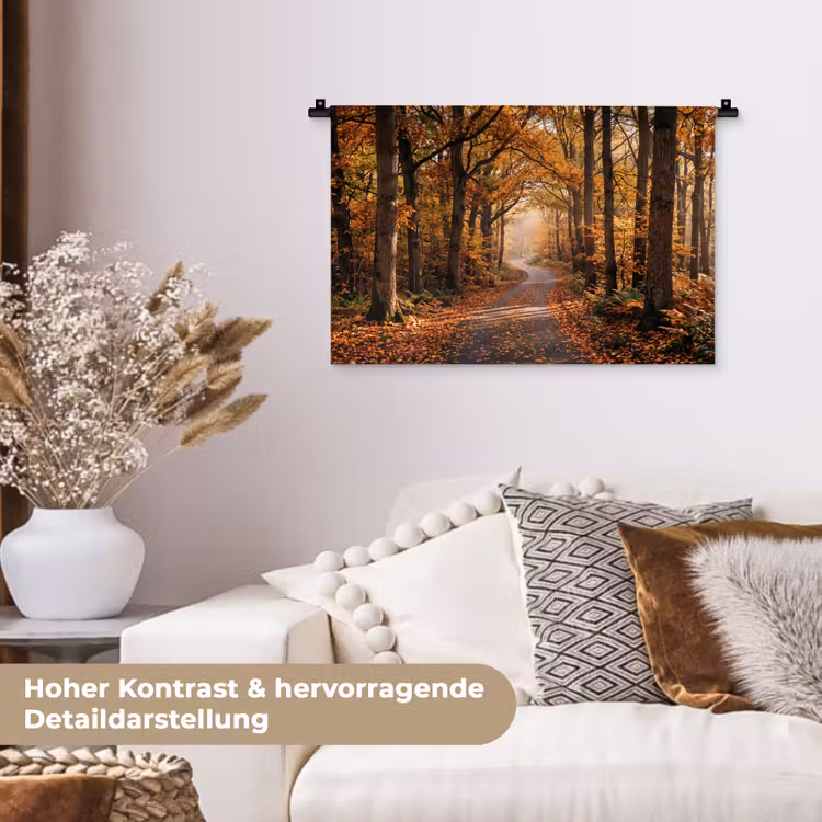 Bospad - Herfstbos - Bladeren - Oranje - Nostalgisch Wandkleed katoen klein -tsfeer1_DE
