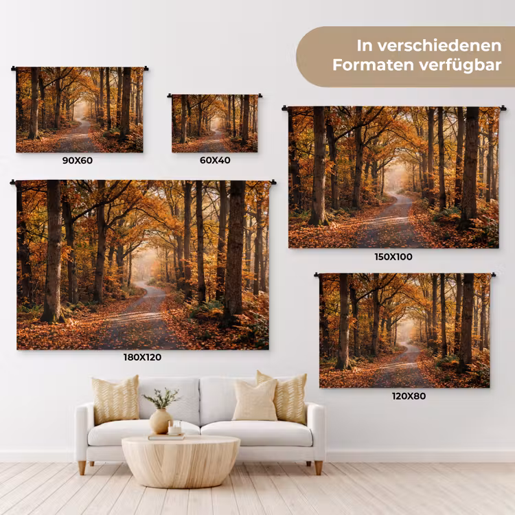 Bospad - Herfstbos - Bladeren - Oranje - Nostalgisch Wandkleed katoen klein -tsfeer8_DE