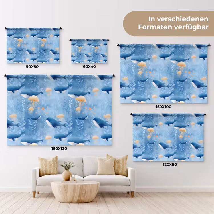 Walvissen - Oceaan - Blauw Wandkleed katoen klein 269 -tsfeer8_DE