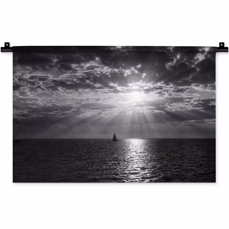 Water - Boot - Lucht - Natuur - Zwart-wit Wandkleed katoen klein -zz3d