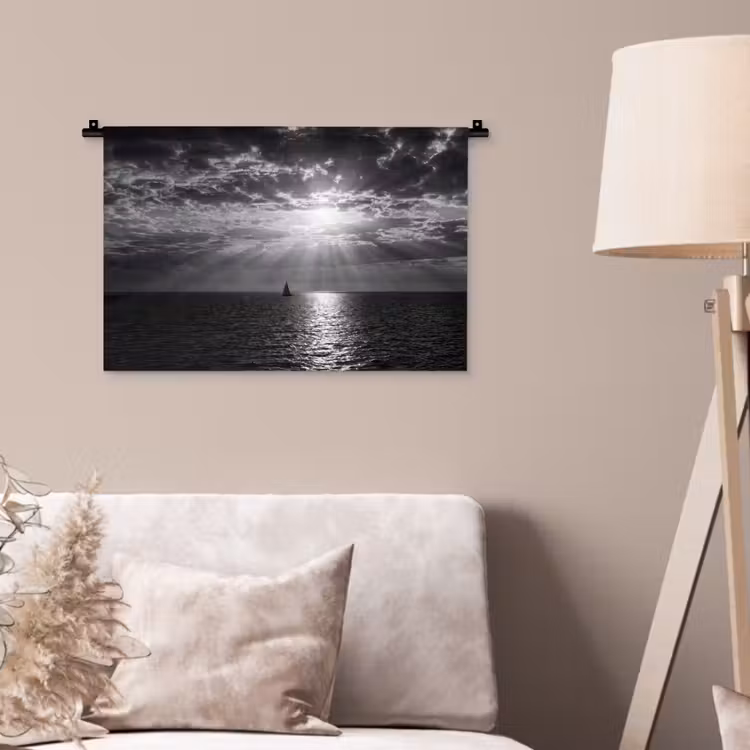 Water - Boot - Lucht - Natuur - Zwart-wit Wandkleed katoen klein -sfeer4