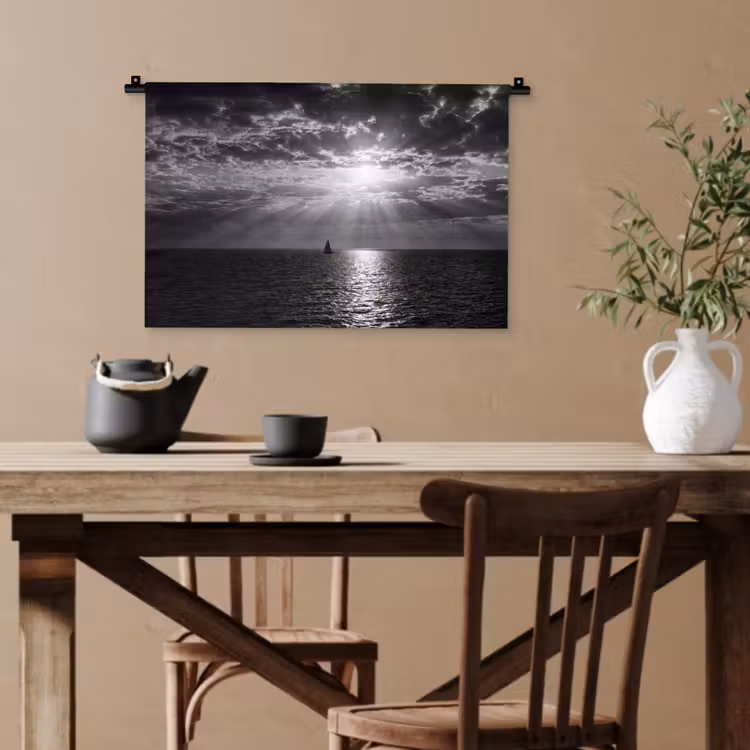 Water - Boot - Lucht - Natuur - Zwart-wit Wandkleed katoen klein -sfeer6