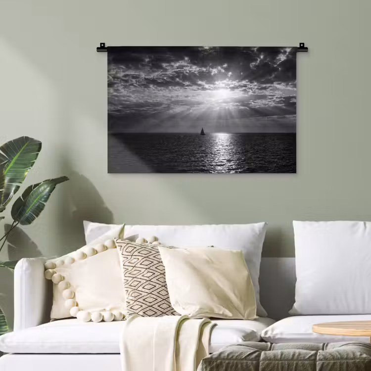 Water - Boot - Lucht - Natuur - Zwart-wit Wandkleed katoen klein -sfeer7