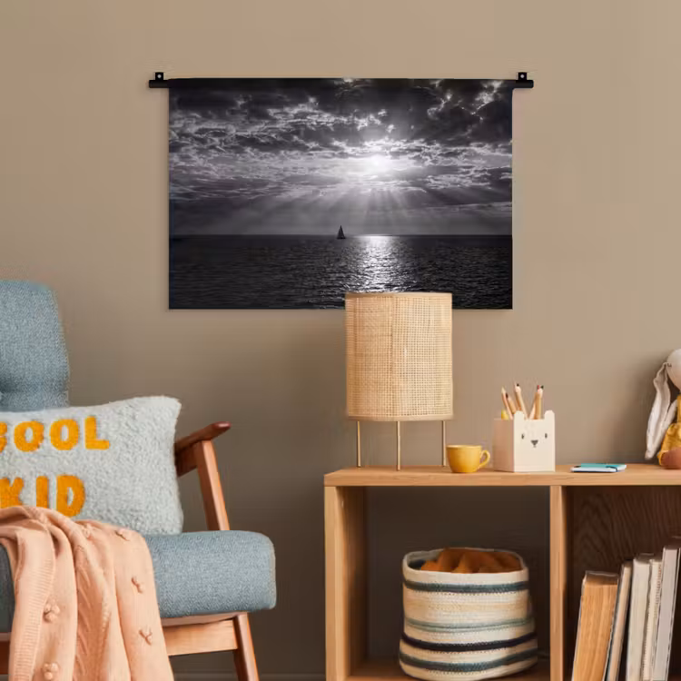 Water - Boot - Lucht - Natuur - Zwart-wit Wandkleed katoen klein -wsfeer4_kind