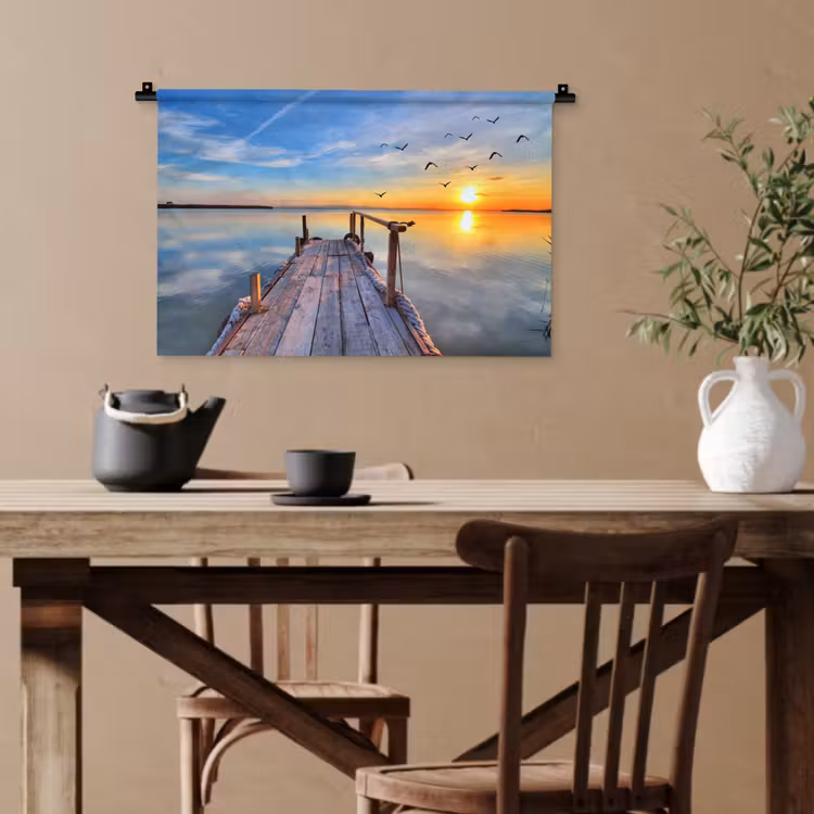 Water - Steiger - Vogels - Zonsondergang - Horizon Wandkleed katoen klein -sfeer6