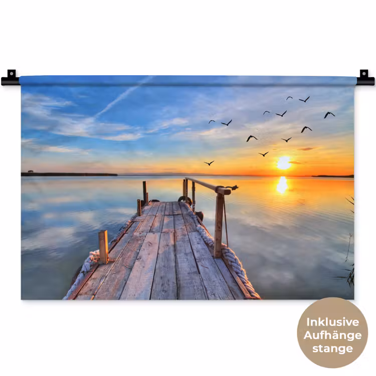 Water - Steiger - Vogels - Zonsondergang - Horizon Wandkleed katoen klein -t3d_DE