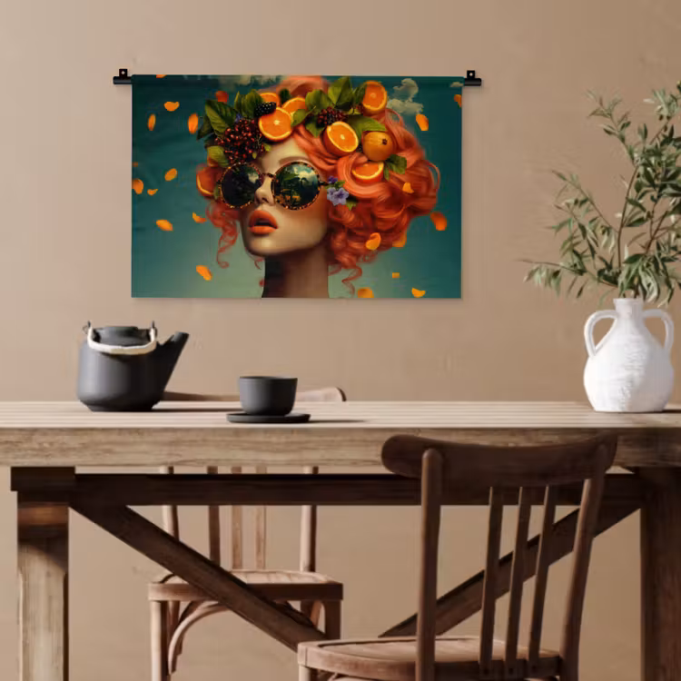 Vrouw - Sinaasappel - Bessen - Oranje Wandkleed katoen klein -sfeer6