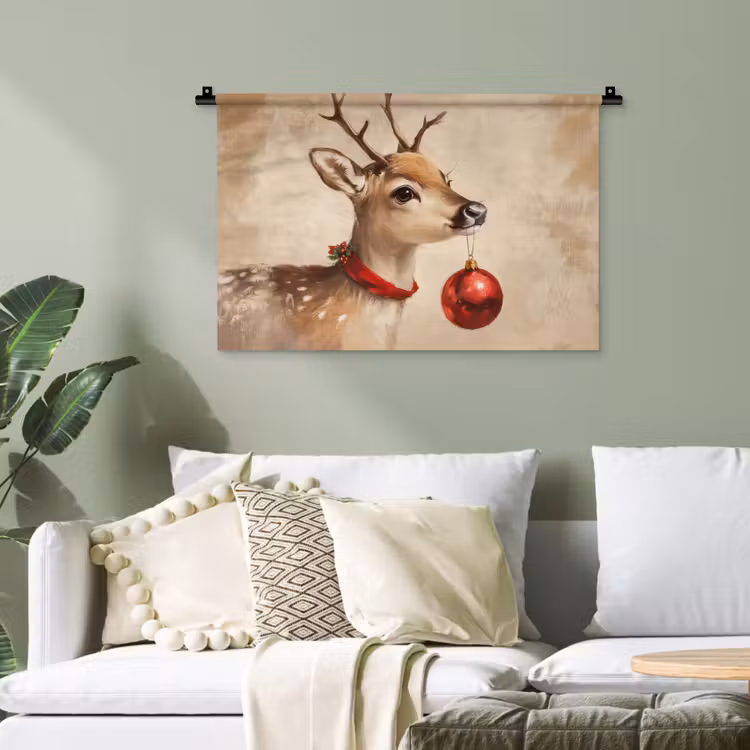 Kerst - Hert - Gewei - Kerstbal - Rendier Wandkleed katoen klein -sfeer7