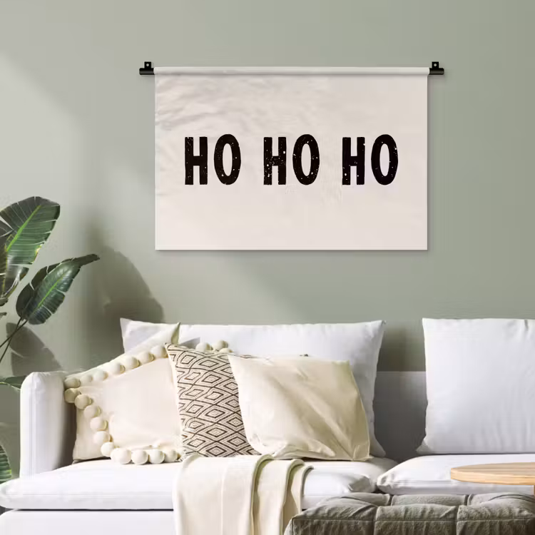 Kerstmis - Ho ho ho - Spreuken - Beige - Kerstman Wandkleed katoen klein -sfeer7