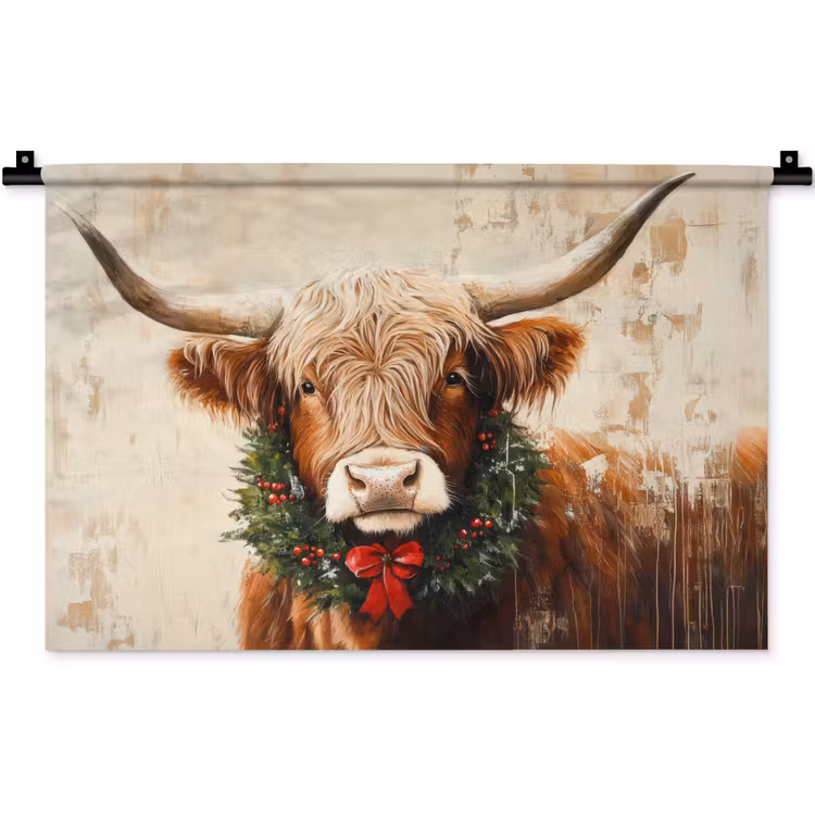 Kerst - Schotse Hooglander - Bruin - Krans Wandkleed katoen klein -zz3d