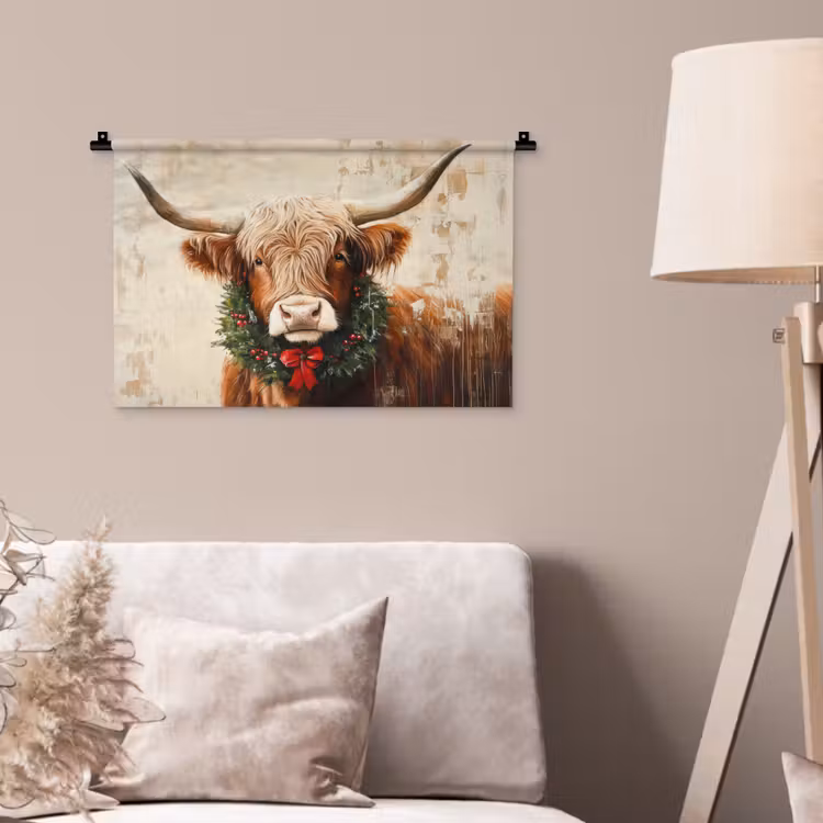 Kerst - Schotse Hooglander - Bruin - Krans Wandkleed katoen klein -sfeer4