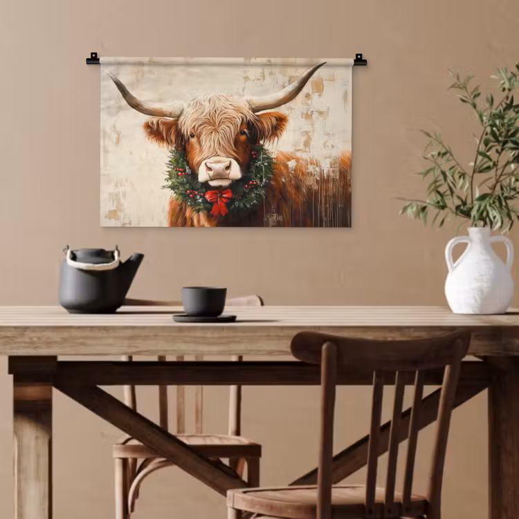 Kerst - Schotse Hooglander - Bruin - Krans Wandkleed katoen klein -sfeer6