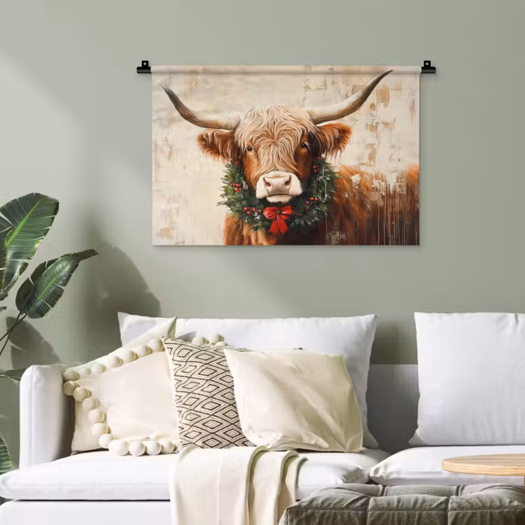 Kerst - Schotse Hooglander - Bruin - Krans Wandkleed katoen klein -sfeer7