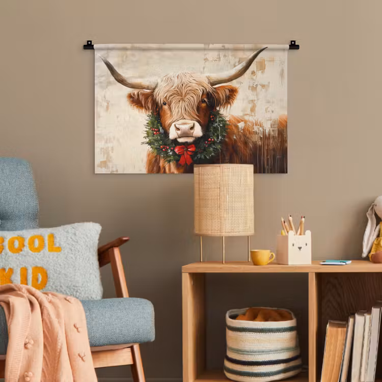 Kerst - Schotse Hooglander - Bruin - Krans Wandkleed katoen klein -wsfeer4_kind