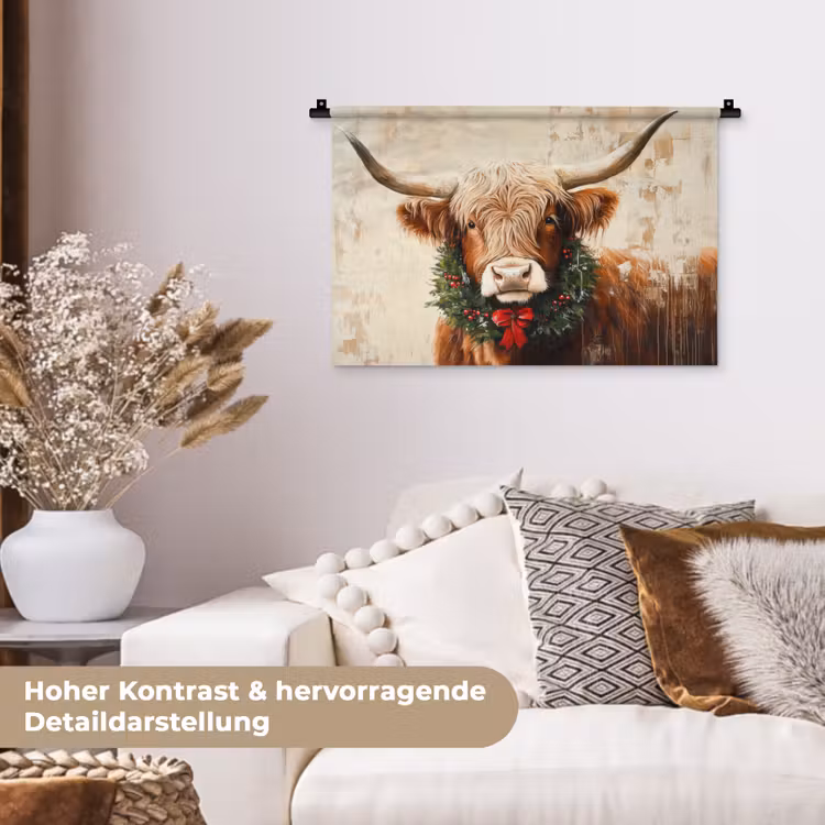 Kerst - Schotse Hooglander - Bruin - Krans Wandkleed katoen klein -tsfeer1_DE
