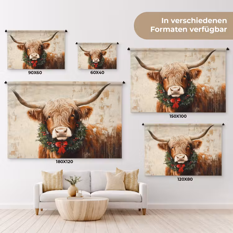 Kerst - Schotse Hooglander - Bruin - Krans Wandkleed katoen klein -tsfeer8_DE