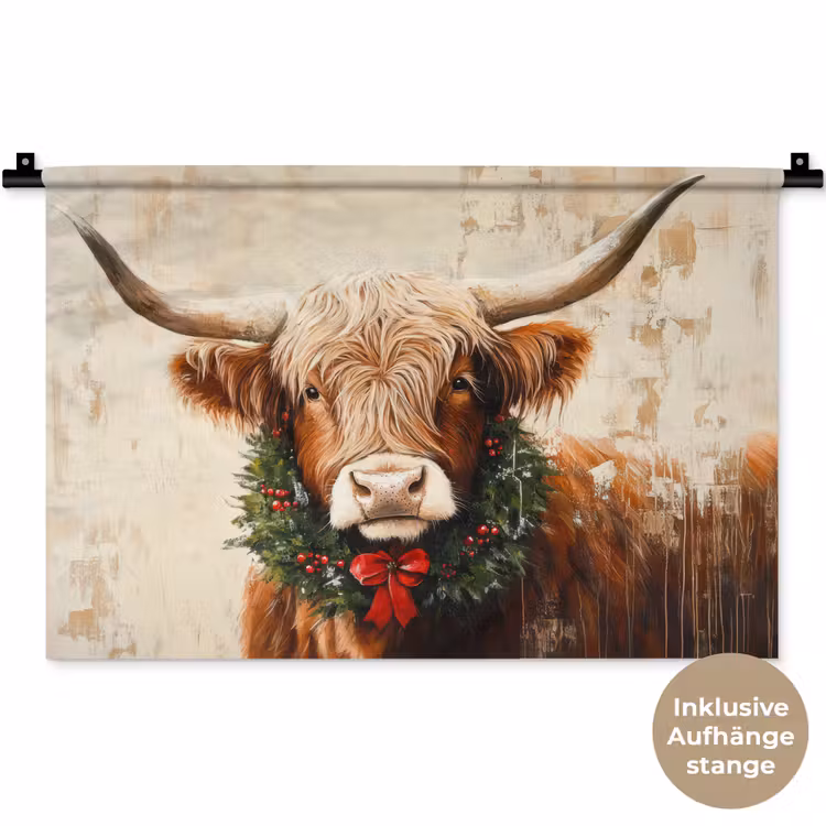 Kerst - Schotse Hooglander - Bruin - Krans Wandkleed katoen klein -t3d_DE