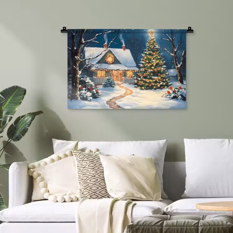 Kerst - Kerstboom - Winter - Huis - Sneeuw Wandkleed katoen klein -sfeer7