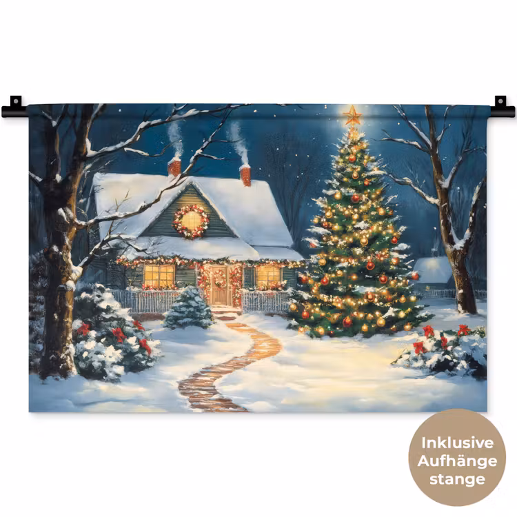 Kerst - Kerstboom - Winter - Huis - Sneeuw Wandkleed katoen klein -t3d_DE