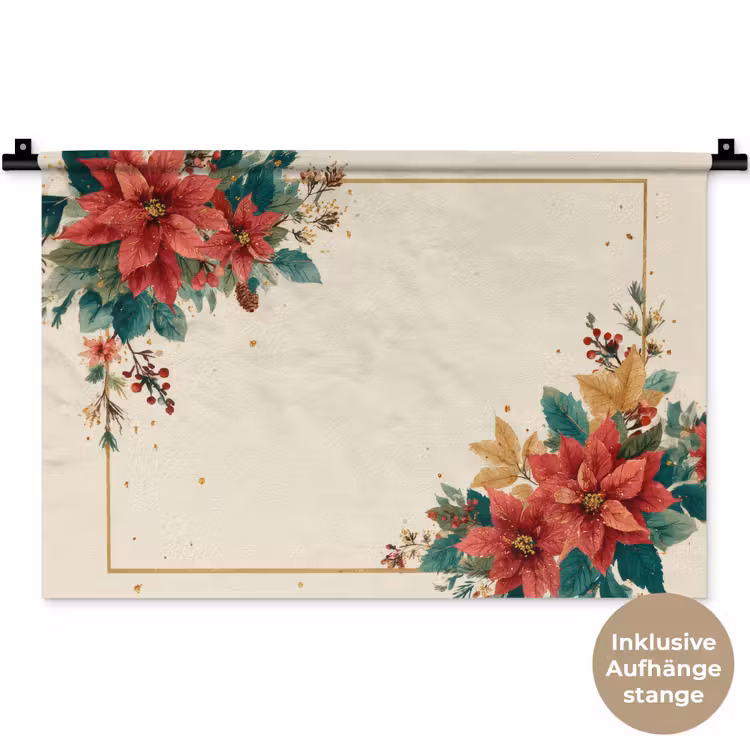 Kerst - Poinsettia - Omlijsting - Kleurrijk Wandkleed katoen klein -t3d_DE