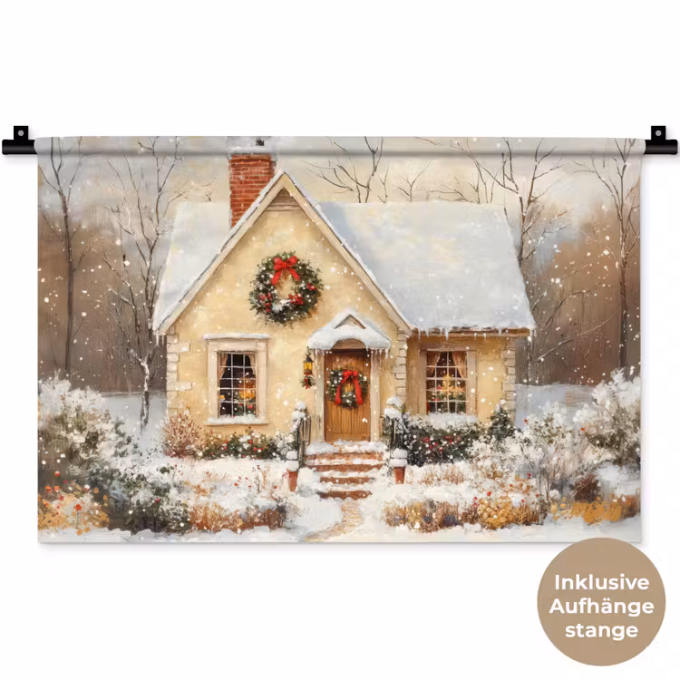 Kerst - Huis - Winter - Sneeuw Wandkleed katoen klein -t3d_DE